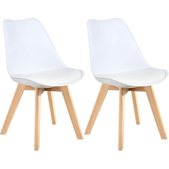 CZMDZH Mid Century Modern Dining Chairs,Shell Lounge Plastic Side Chair with Soft Padded and Wooden Legs for Dining Room Living Room Bedroom Kitchen Set of 2 (White)