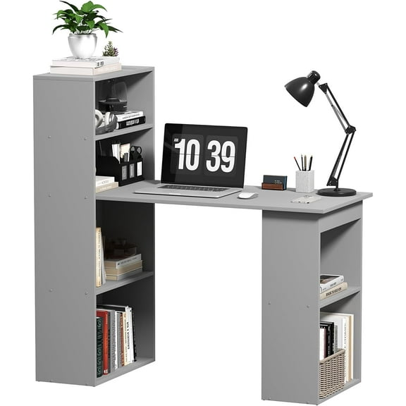 CZMDZH Modern Home Office Desk with 6-Tier Storage Shelves, 47" Writing Desk with Bookshelf, Gray,21.75"D x 47.25"W x 47.25"H
