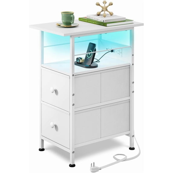 CZMDZH Narrow Side Table with Charging Station, End Table with LED Light, 2 Fabric Drawers and Open Shelf, White