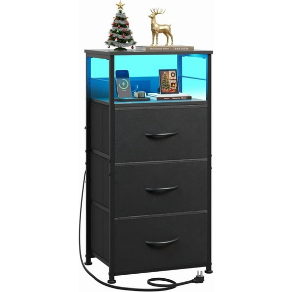 CZMDZH Nightstand with Charging Station, 31.9" H Nightstand with 3 Fabric Drawers, LED Bedside Table with USB Ports and Outlets, End Table for Dorm, Bedroom, Entryway, Black