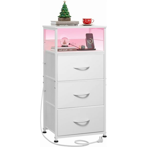 CZMDZH Nightstand with Charging Station, 31.9" H Nightstand with 3 Fabric Drawers, LED Bedside Table with USB Ports and Outlets, End Table for Dorm, Bedroom, Entryway, White
