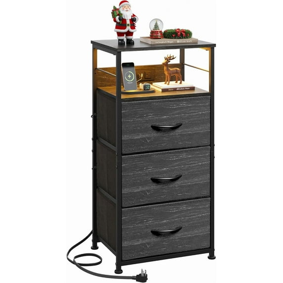 CZMDZH Nightstand with Charging Station, 31.9" H Nightstand with 3 Fabric Drawers, LED Bedside Table with USB Ports and Outlets, End Table for Dorm, Entryway, Charcoal Black Wood Grain Print