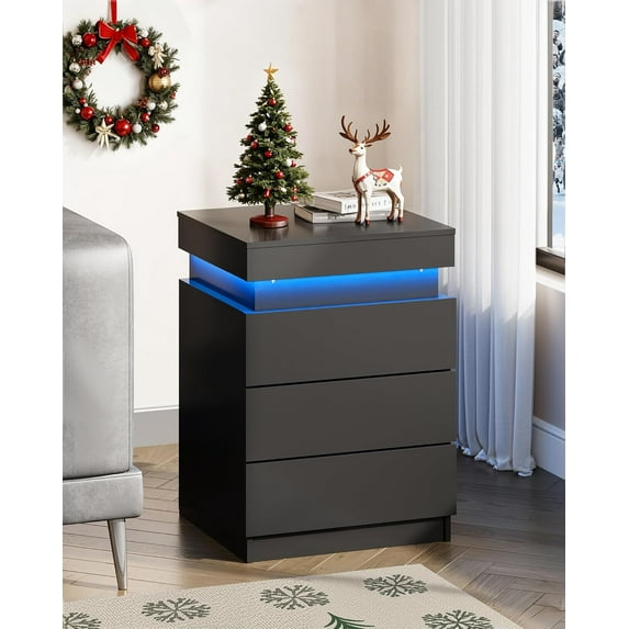 CZMDZH Nightstand with Charging Station & LED Lights, Modern Night Stand with 3 Drawers and Sliding Top, Bedside Table End Table with Hidden Space for Bedroom, Living Room, Black