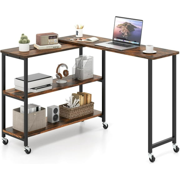 CZMDZH Patented Mobile Couch Desk with 2-Tier Storage Shelves, Movable Laptop Desk with Sturdy Metal Frame, Extendable Couch Snack Table for Home Office,Rustic Brown,Large