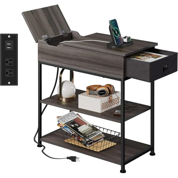 CZMDZH Small Side Tables with Charging Station, Narrow End Table for Bedroom/Living Room, Sofa Couch Side Table with Storage for Small Spaces, Home Office, USB Ports and Outlets, Grey