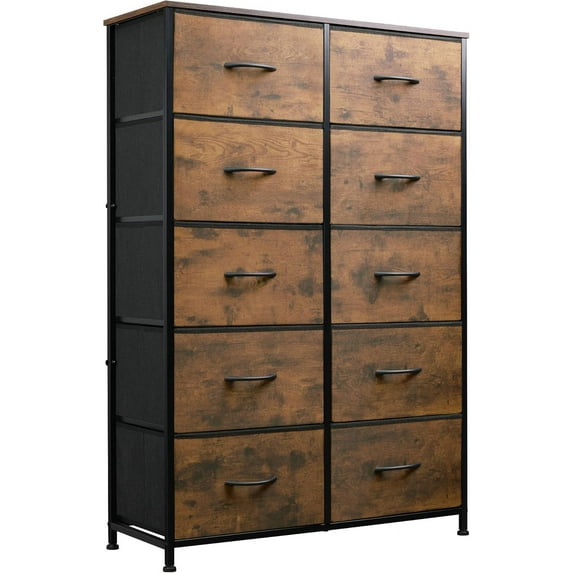 CZMDZH Tall Dresser for Bedroom with 10 Fabric Drawers, Organizer Units for Closet, Storage Tower with Cabinet, Metal Frame, Rustic Brown Wood Grain Print Dressers