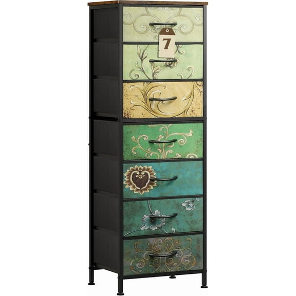 CZMDZH Tall Dresser for Bedroom, 7 Drawer Dressers & Chests of Drawers, Fabric Dresser for Closet, Living Room, Night Stand with Metal Frame, Storage Tower with Fabric Bins, Wood Top, Floral Painted