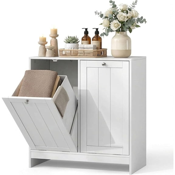 CZMDZH Tilt-Out Double Laundry Hamper Cabinet with 2 Removable Baskets, for Bathroom, Laundry Room, 26.8" H x 26" W x 12" D, 22.3L Capacity Per Basket, White