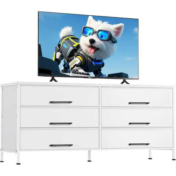 CZMDZH White Dresser for Bedroom with 6 Drawers, Large Fabric Dresser TV Stand for 60, 65, 70 inch TV,White TV Stand with Storage,Entertainment Center with Wood Top,Bedroom, Living Room, Hallway