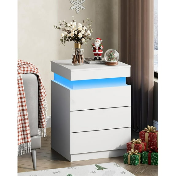 CZMDZH White Nightstand with Charging Station & LED Lights, Night Stand with 3 Drawers and Sliding Top, Modern Bedside Table End Table with Hidden Space for Bedroom, Living Room