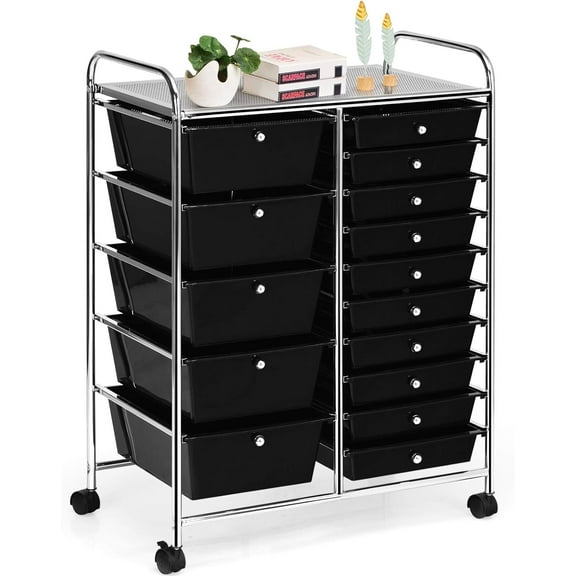 CZMJY 15-Drawer Rolling Cart, Storage Carts with Removable Drawers & Steel Frame, Utility Cart on Lockable Wheels for Home, School, Office, Black