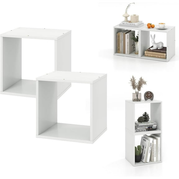 CZMJY 2 Cube Bookshelf Organizer, 2-Tier Stackable Cube Storage Organizer, Small Wooden Open Book Shelf with Anti-toppling Device, Wood Floor Standing Display Shelving Bookcase, White
