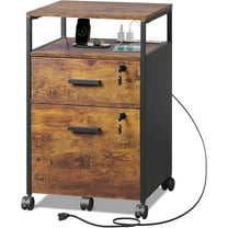 CZMJY 2 Drawer File Cabinet with Lock and Charging Station, Wood Filing Cabinet fits A4 or Letter Size, Mobile Printer Stand with Open Storage Shelf for Home Office, Rustic Brown