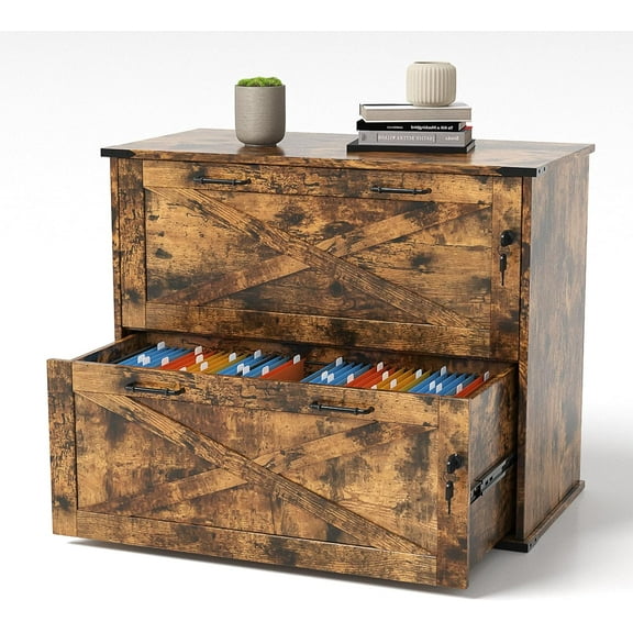 CZMJY 2 Drawer File Cabinet with Lock, Home Office Filing Organizer, for Letter Legal A4 Size File Folder Storage, Modern Farmhouse, Wood Lateral Filing Cabinet, Archivador (Rustic Brown)