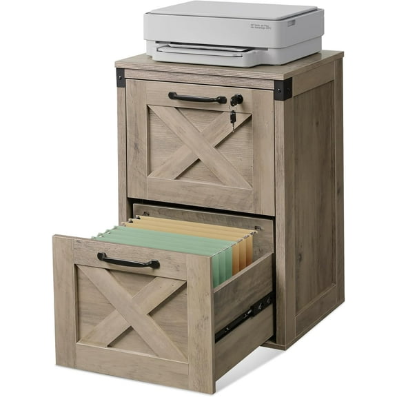 CZMJY 2 Drawer File Cabinet with Lock Wood Farmhouse Style – Secure Filing Storage Fits Letter and A4 Size – Practical Printer Stand for Home Office Organization, Gray Oak
