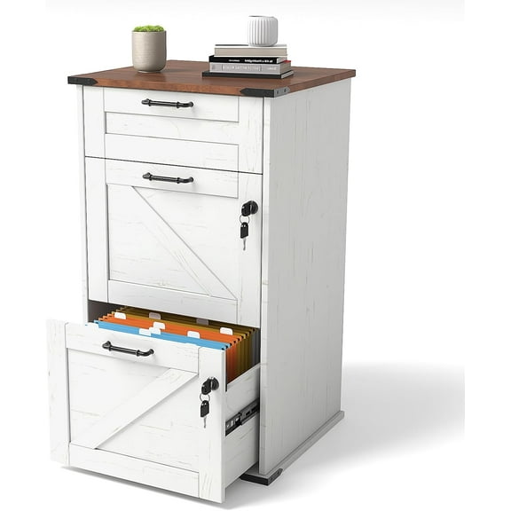 CZMJY 3 Drawer File Cabinet with Lock, Home Office Filing Organizer, for Letter Size File Folder Storage, Modern Farmhouse Style, Wood Vertical Filing Cabinet, Archivador (Rustic White & Brown)