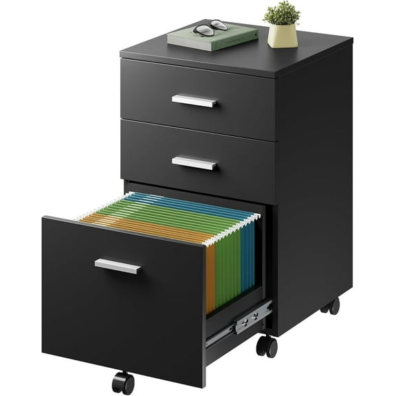 CZMJY 3 Drawer Wood Mobile File Cabinet – Rolling Storage for Letter A4 Sizes – Sturdy Printer Stand Perfect for Home Office Organization, Black 15.7"D x 16.2"W x 25.7"H