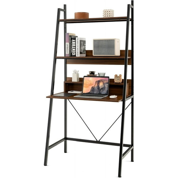 CZMJY 3-Tier Ladder Computer Desk, 71 Inch Modern Writing Desk with Storage Shelves, PC Laptop Workstation, Ladder Bookcase Stand Shelf with Metal Frame, Study Shelf Desk for Home Office (Brown)