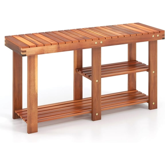CZMJY 3-Tier Shoes Rack Bench, Entryway Storage Bench Shoes Organizer with Seat, Shoe Shelf for Boots, Acacia Wood Bench for Hallway, Bathroom, Living Room, Corridor Garden