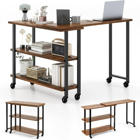 CZMJY 360° Free Rotating Sofa Side Table, Patented Mobile End Table with 2-Tier Storage Shelves, Movable Laptop Table w/ 6 Universal Casters, Couch Table Snack Table for Home Office, Brown