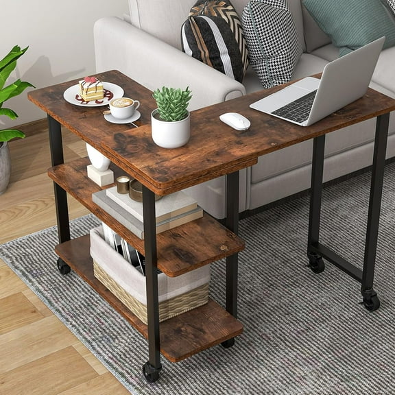 CZMJY 360° Free Rotating Sofa Side Table, Patented Mobile End Table with 2-Tier Storage Shelves, Movable Laptop Table w/ 6 Universal Casters, Couch Table Snack Table for Home Office, Rustic Brown