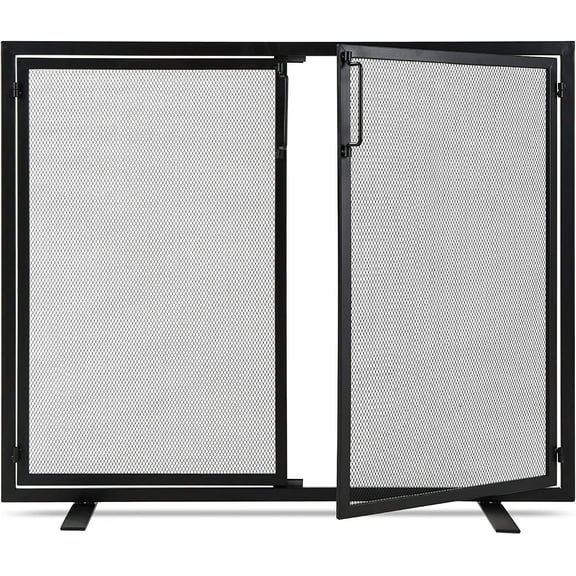 CZMJY 38.5x31in 2-Door Fireplace Screen, Handcrafted Wrought Iron Decorative Mesh Geometric Fire Spark Guard w/Magnetic Panels - Black