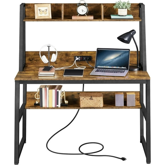 CZMJY 47 in Modern Computer Desk with Power Outlets and 2 USB Ports, Home Office Study Writing Desk with Hutch and Bookshelf, Large Workstation Gaming Table with Charging Station, Rustic Brown