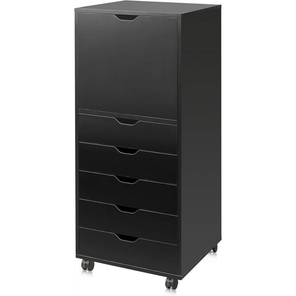 CZMJY 5-Drawer Wood File Cabinet with 1 Door Mobile Design – Wide Storage Space for Home Office – Versatile Filing Cabinet Perfect for Organizing Documents Supplies, Black