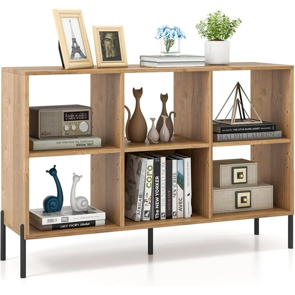 CZMJY 6 Cube Low Bookshelf, 2-Tier Short Wood Storage Open Bookcase with Elevated Metal Legs, 5-Position Adjustable Shelf, Anti-toppling Device, Freestanding Organizer for Home Office (Natural)