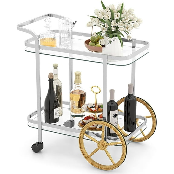 CZMJY Bar Cart for The Home, 2-Tier Rolling Tempered Glass Serving Cart, 2 Large Gold Aluminum Wheels & 2 Casters, Handle, Stainless Steel Frame, Modern Wine Cart for Kitchen Dining Room