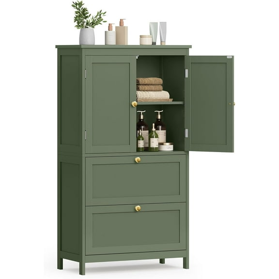 CZMJY Bathroom Floor Storage Cabinet, Bathroom Storage Unit, Freestanding Cabinet with 2 Drawers and 2 Doors, Adjustable Shelf, 11.8 x 23.6 x 43.3 Inches, Forest Green