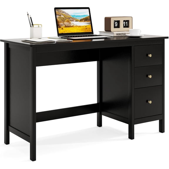 CZMJY Black Desk with Drawers, Modern Home Office Computer Desk with Storage Drawers & Spacious Desktop, Compact Writing Study Desk Laptop Desk for Bedroom, Multipurpose Computer Workstation