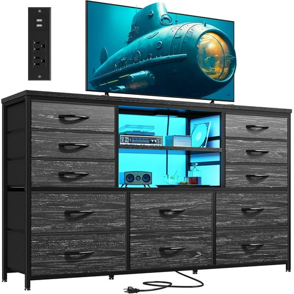CZMJY Black Dresser with LED Lights & Power Outlets, 12 Drawers Dresser TV Stand for 60'' TV Stand for Bedroom Fabric Dressers & Chest of Drawers, Sturdy Metal Frame, Living Room,Hallway