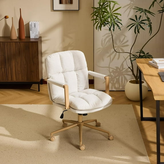 CZMJY Comfy Linen Office Desk Chair with Wheels & Detachable Cushions & Wood-Like Armrests,Swivel Small Computer Task Chair,Adjustable for Girl Makeup Vanity,Teen/Kids Study,Nail Tech,Sewing,White