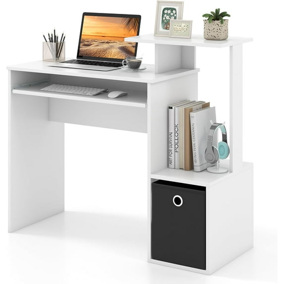 CZMJY Computer Desk with Fabric Drawer & Keyboard Tray, Space-Saving Study Writing Desk with Open Storage Shelves & Printer Stand, Modern Home Office Computer Workstation for Small Spaces (White)