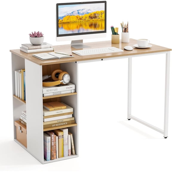 CZMJY Computer Desk with Storage Shelves, Home Office Desk with 5 Side Shelves & Metal Frame, Space Saving Laptop PC Desk, Writing Study Desk, Modern Vanity Desk for Bedroom (Natural)