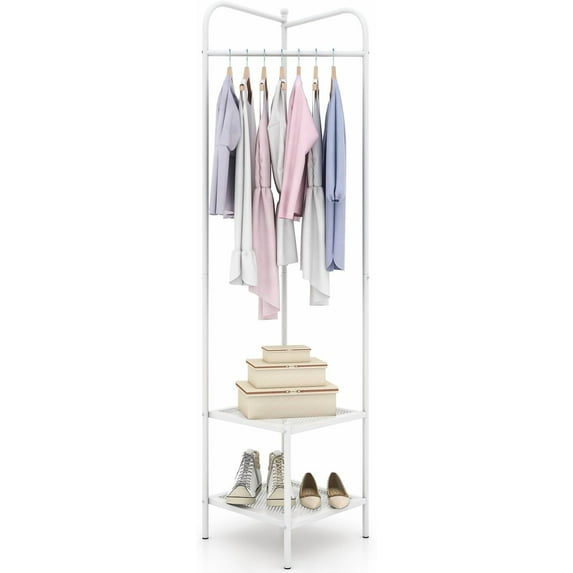 CZMJY Corner Coat Rack with Storage, Simple Hall Tree with Hanging Rod & 2 Mesh Shelves, Anti-toppling Devices, Freestanding Metal Clothes Rack Shoes Shelf Organizer for Entryway Bedroom (White)