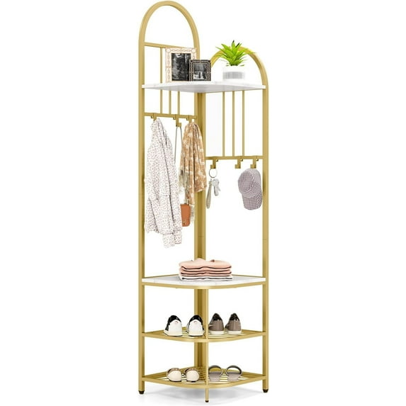CZMJY Corner Hall Tree, 71 Inch Tall Entryway Coat Rack with Shoe Bench & 4 Storage Shelves, 6 Movable Hooks, Freestanding Metal Corner Clothes Rack for Bedroom Hallway Living Room White & Gold