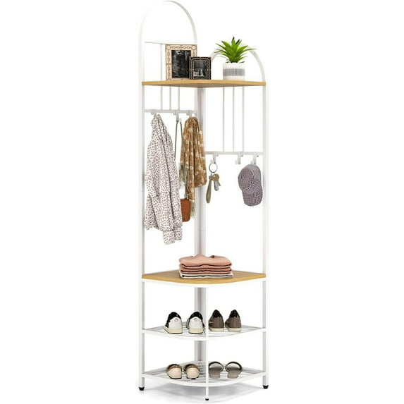 CZMJY Corner Hall Tree, 71 Inch Tall Entryway Coat Rack with Shoe Bench & 4 Storage Shelves, 6 Movable Hooks, Freestanding Metal Corner Clothes Rack for Bedroom Hallway Living Room Natural & White