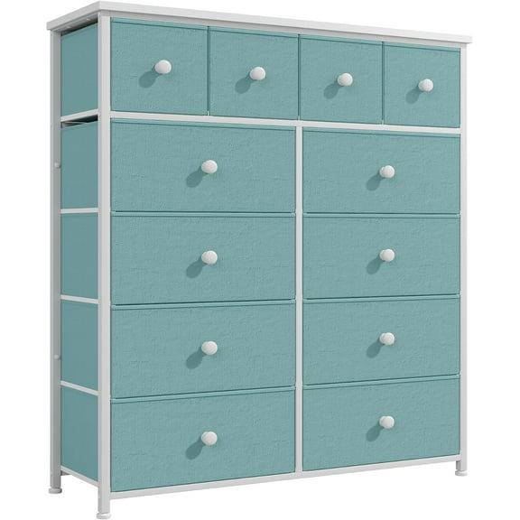 CZMJY Dresser for Bedroom with 12 Drawers Tall Dressers for Bedroom Fabric Dressers & Chest of Drawers with Sturdy Metal Frame, Wood Top, for Girls, Closet, 40.6" W x 11.8" D x 44.5" H (Turquoise)