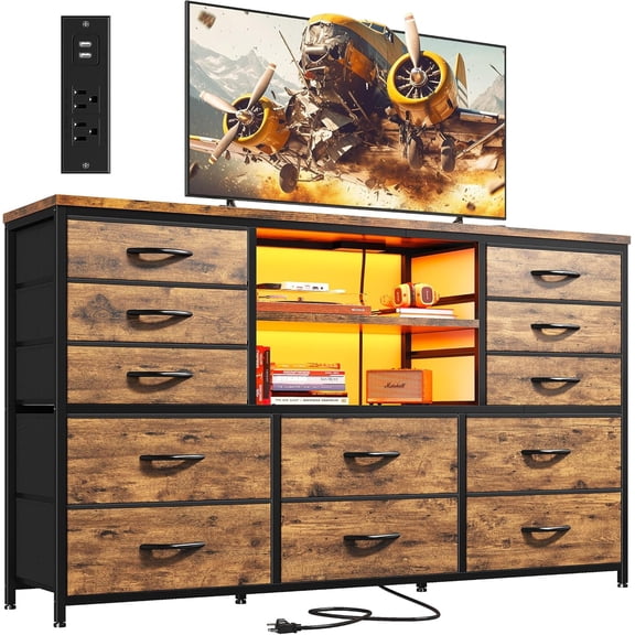 CZMJY Dresser with LED Lights & Power Outlets, 12 Drawers Dresser TV Stand for 60''TV Stand for Bedroom Fabric Dressers & Chest of Drawers, Sturdy Metal Frame, Living Room,Hallway, Rustic Brown
