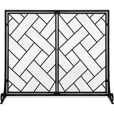 CZMJY Elegant 2-Panel Handcrafted Wrought Iron Decorative Mesh Geometric Fireplace Screen with Magnetic Doors for Fire Spark Protection – 44x33in Artisan Design,