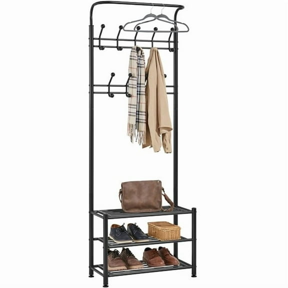CZMJY Entryway Hall Tree Coat Rack Shoe Bench with Hooks Clothes Shoes Hats Stand Rack, Black