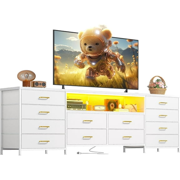 CZMJY Fits 65,70 inch Tv Stand for Bedroom 63" W TV Entertainment Center with LED Lights & Power Outlets 12 Long Fabric Dresser for Bedroom, Hallway, White Dresser Tv Stand