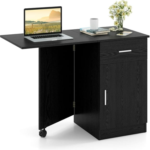 CZMJY Folding Computer Desk with Storage Drawer & Cabinet, Compact Home Office Desk with Adjustable Shelf, Space-Saving Foldable Side Table for Bedroom, Office, Study (Black)