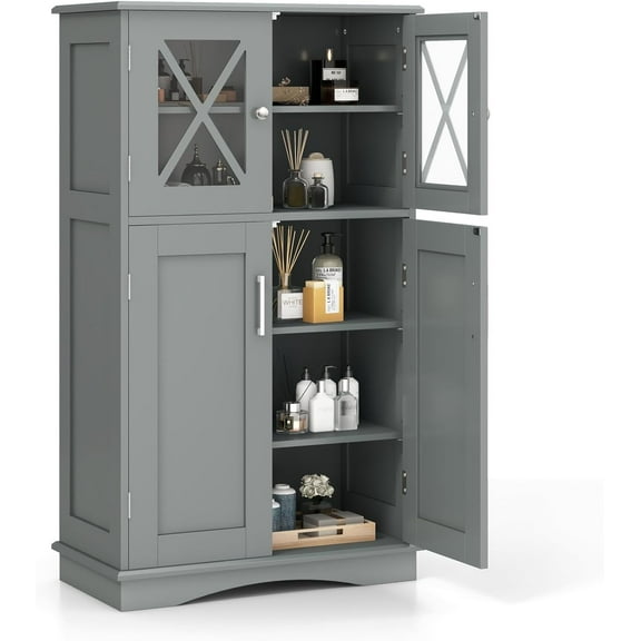 CZMJY Freestanding Floor Cabinet w/2 Glass Doors, 3-Level Adjustable Shelves, Anti-toppling Design, Kitchen Pantry Cupboard for Bathroom, Living Room (Grey)