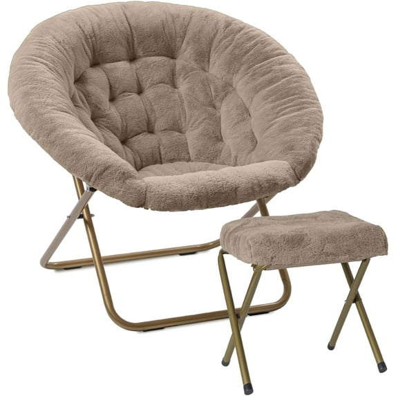 CZMJY Grey Faux Fur XL Saucer Chair for Adults Teens Kids – Foldable Comfy Accent Seat for Bedroom Dorm Gaming Small Spaces – Oversized Round Moon Mushroom Style Beige + Footrest