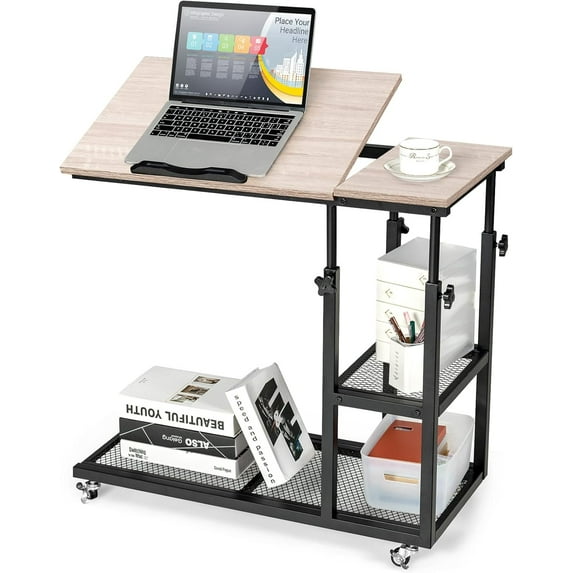 CZMJY Height Adjustable C Shaped End Table with Lockable Wheels, Mobile Couch Desk Table with Tiltable Table Top, Sofa Bedside Laptop Stand TV Tray with Storage Shelves, Snack Side Table Natural