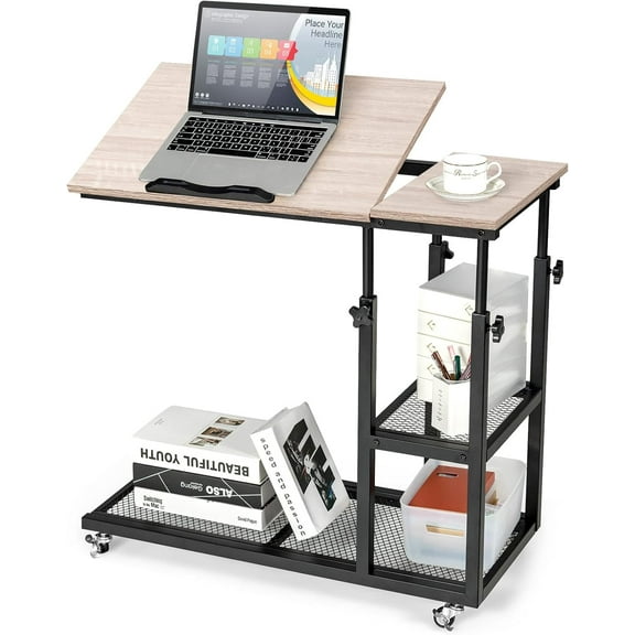 CZMJY Height Adjustable C Shaped End Table with Lockable Wheels, Mobile Couch Desk Table with Tiltable Table Top, Sofa Bedside Laptop Stand TV Tray with Storage Shelves, Snack Side Table Natural