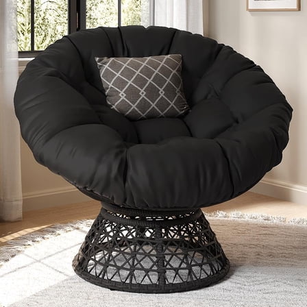 CZMJY Indoor Papasan Chairs with Thick Tufted Cushions and Frame, Swivel Wicker Ergonomic Lounge Reading Chairs for Living Room/Bedroom, Black